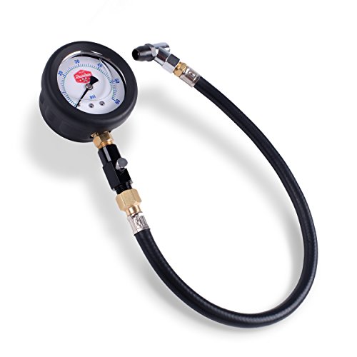 Tire Pressure Gauge 60PSI Liquid Filled 2.5' Large Dial for Cars Bikes Motorcycles - Easy to Read - Analog Tyre Gauge with Ball and Angle Tire Chucks - Black Rubber Safety Case - ANSI Tested