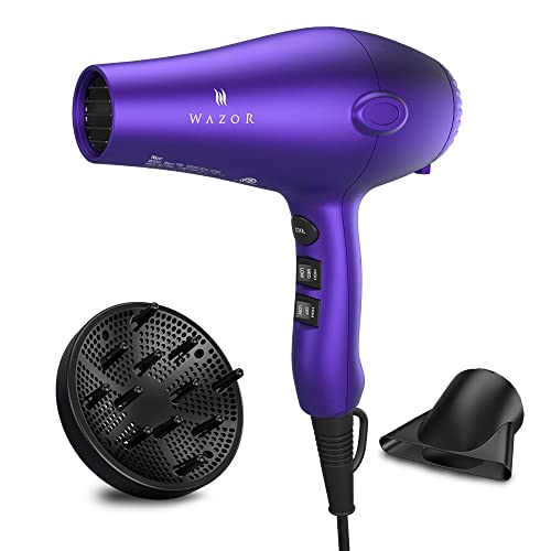 Wazor 3rd Generation Lightweight Low Noise Hair Dryer,( 1875W Tourmaline Ceramic Negative Ionic Blow Dryer)2 Speed 3 Heat Settings Cool Shot with Diffuser Concentrator(Purple)