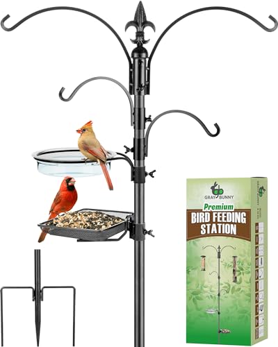 Gray Bunny Bird Feeder Stand, 4-Hooks, 91' Bird Feeder Hanger for Bird Feeders, Multi Bird Feeding Station Kit with Bird Bath and Mesh Tray, Plant Hanger, 3-Prong Base