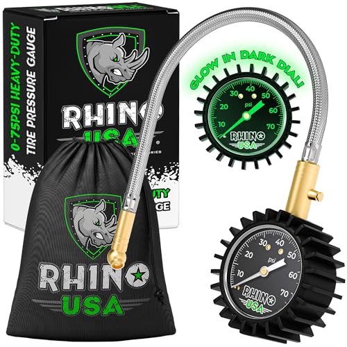 Rhino USA Heavy Duty Tire Pressure Gauge (0-75 PSI) - Certified ANSI B40.1 Accurate, Large 2' Easy Read Glow Dial, Premium Braided Hose, Solid Brass Hardware, Best for Any Car, Truck, Motorcycle, RV…