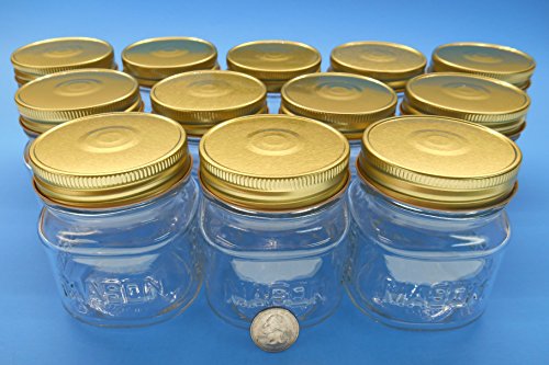 8 oz Square Mason Glass Jar with Gold Finished Safety Button Lids- Regular Mouth (Case of 12)